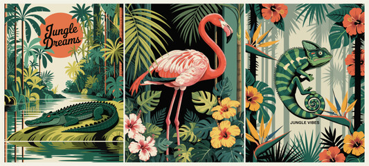Retro vector poster set of a tropical jungle: alligator, flamingo, and chameleon with palm trees, hibiscus flowers, and jungle foliage in emerald, coral, and orange tones.