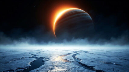 Mysterious icy alien planet under dramatic sunset sky in futuristic blue orange for sci-fi space exploration