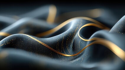 Dark blue, almost black, fabric-like surface with subtle texture, undulating in soft waves.  Thin, gold, metallic lines trace sinuous paths across the surface, creating a luxurious, abstract effect.