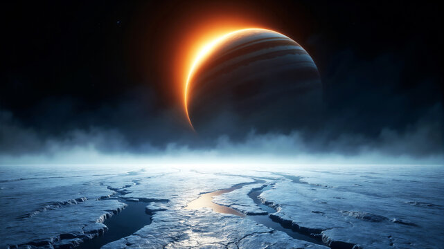 Mysterious icy alien planet under dramatic sunset sky in futuristic blue orange for sci-fi space exploration