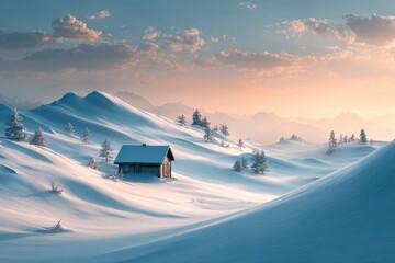 A peaceful winter landscape at dawn, with soft pastel skies, snow-covered hills, and a solitary cabin, conveying a sense of tranquility