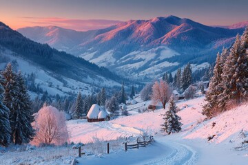 A peaceful winter landscape at dawn, with soft pastel skies, snow-covered hills, and a solitary cabin, conveying a sense of tranquility