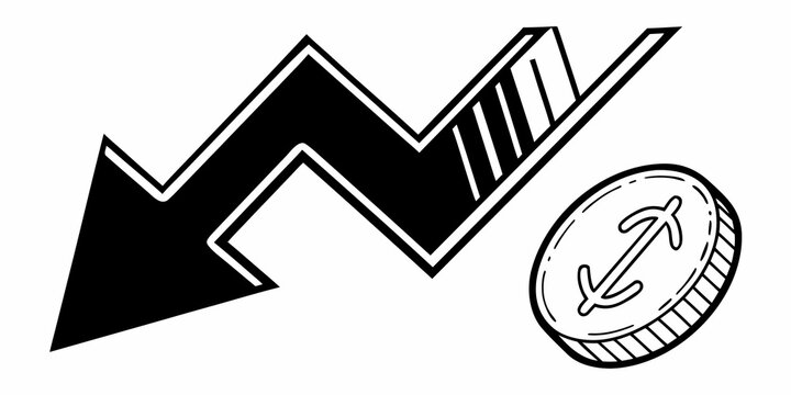Black arrow pointing down next to a coin with an arrow through it indicating financial loss or decrease in value