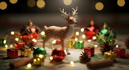 Festive Christmas scene featuring a deer figurine surrounded by ornaments, gifts, pine cones, and string lights.