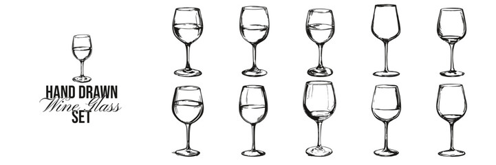 Wine drink doodle hand drawn glassware set. Vintage line sketch of elegant glasses for bar, restaurant. Celebration menu, contemporary beverage design.