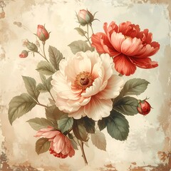 A vintage-style floral arrangement showcasing a blooming peony and roses with buds, set against a sepia-toned parchment background