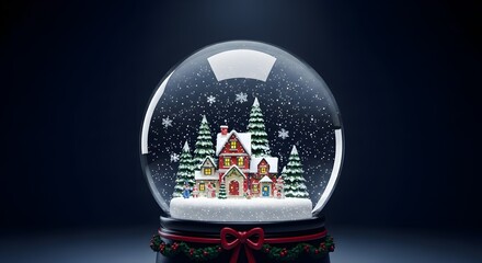 A snow globe featuring a miniature winter village scene with houses and snow-covered trees inside.