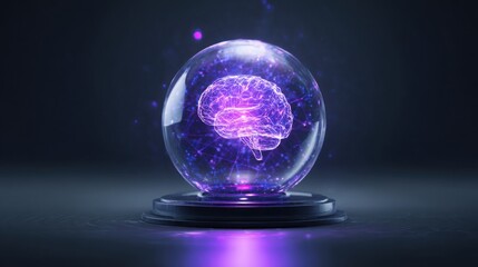 Crystal clear orb enclosing a glowing purple neural brain network, suspended in air above dark reflective table, surrounded by faint digital light