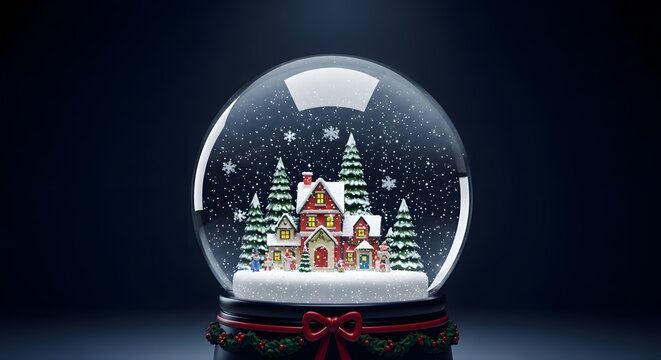 A snow globe featuring a miniature winter village scene with houses and snow-covered trees inside.