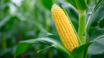 Ripe golden corn stands proudly among vibrant green leaves in a flourishing field, basking in the warm sunlight of a beautiful summer day, ready for harvest