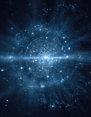 A vibrant, swirling nebula with a bright central core, radiating light and energy outwards, amidst a dark cosmic background sprinkled with tiny stars