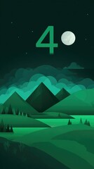 Stylized nighttime landscape featuring a large number four, a full moon, and low-poly mountains under a cloudy, dark green sky