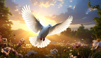 A white dove soars, wings spread wide, against a warm, sunlit backdrop of fields and a vibrant sky. Daisies and wildflowers are in the foreground
