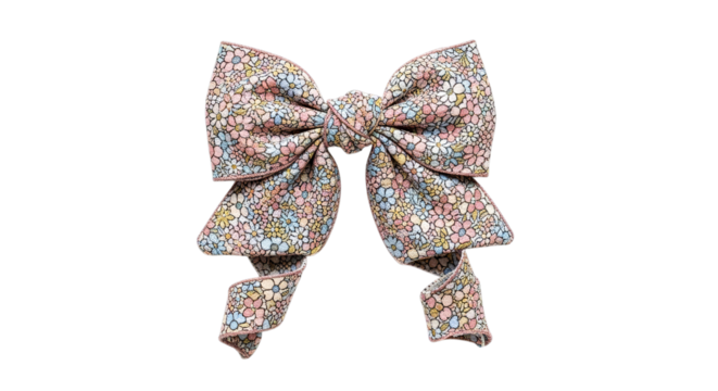 A decorative floral print fabric bow with trailing ribbons isolated on transparent background