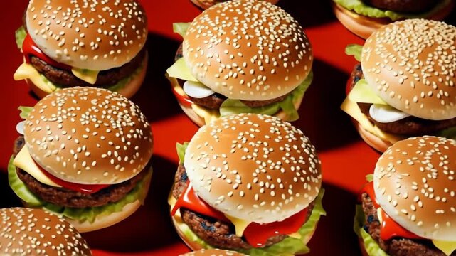 Video of many beef burgers and cheeseburgers with vegetables and sauce pattern on red background.Slow motion zoom out.AI Generative.