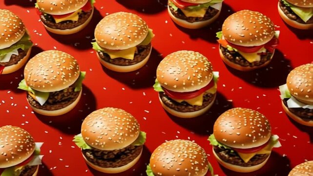 Video of many beef burgers and cheeseburgers with vegetables and sauce pattern on red background.Slow motion zoom out.AI Generative.