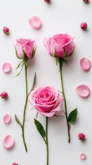 Three pink roses of varying sizes, buds, and petals artfully arranged on a white background, creating a symmetrical, elegant floral composition