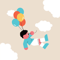Child's Joyful Flight A Boy Carried by Colorful Balloons in the Sky