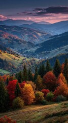 Vibrant autumnal landscape showcasing a valley nestled within rolling hills, displaying a spectrum of red