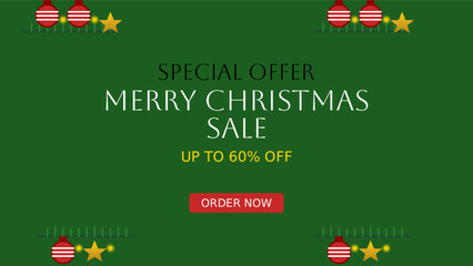Christmas Sale Poster with Green Background with Pine and Ornaments