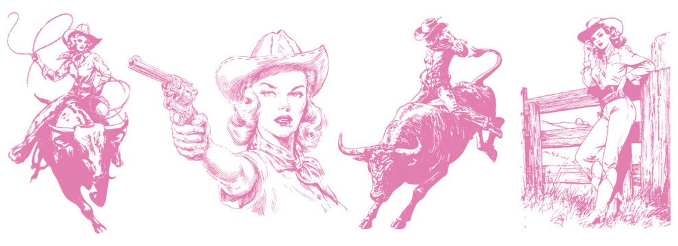 Pink cowgirl illustration set with rodeo girl on bull, pistol woman portrait, rope lasso rider, and relaxed western girl at ranch. Feminine vintage sketch vector in playful retro American style.