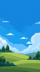 Vibrant vector illustration of rolling green hills under a clear blue sky dotted with fluffy white clouds; stylized, cartoonish landscape