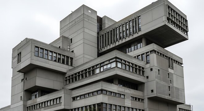 A low angle shot of a concrete brutalist building with many windows and levels