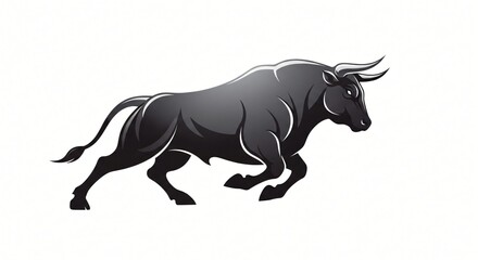 Fototapeta premium A powerful dark bull charging forward with determined horns against a stark white background