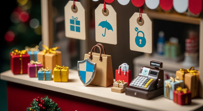 Happy small business christmas concept with gift shopping and insurance offering security and protection