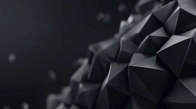 A close-up view of a complex, multifaceted, dark shape composed of numerous interlocking, triangular facets, creating a textured, three-dimensional effect against a dark background.