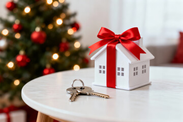 Special winter gift new home with red ribbon and keys joyful concept for real estate and home insurance
