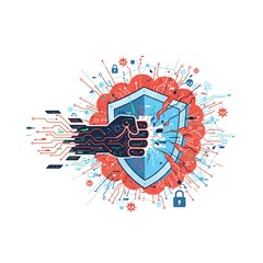 Fototapeta premium A digital fist, representing an attack, punches and cracks a cybersecurity shield. The image is surrounded by circuit lines, broken pieces, padlocks, and virus icons.