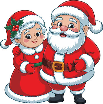 Jolly santa claus and mrs claus standing together, christmas Vector