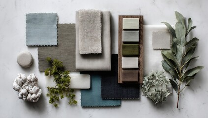 Flatlay showcasing muted earth tones; fabrics, paint swatches, natural elements (eucalyptus, coral, greenery) arranged on a marble surface