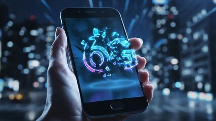 Hand holding smartphone with glowing "6G" graphic against blurred city lights backdrop - Powered by Adobe