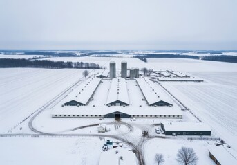 Aerial view of a large farm complex covered in snow in winter