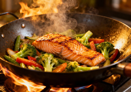 Aesthetic Close-up Stir Fry Salmon Vegetables High Flame Wok Steam