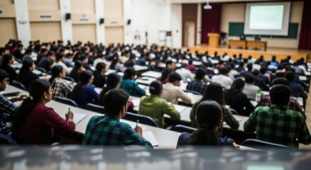 Naklejka premium Blurred University Hall Packed with Indian Students Listening to Seminar