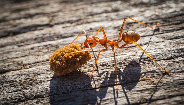 Ant Carrying Crumb on Rough Textured Wood