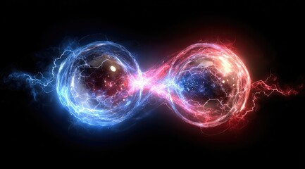 Two luminous orbs, blue and red, interconnected in an infinity symbol, crackling with electric energy against a black background