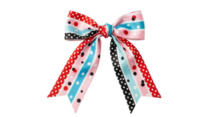 Colorful striped and dotted ribbon bow with playful pattern isolated on transparent background