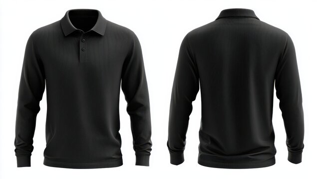 Black Polo Shirt Mockup: Front and back view of a sleek, long-sleeved black polo shirt, showcasing its classic design and versatile appeal. This apparel essential offers a polished.
