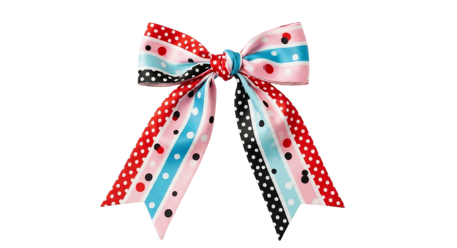 Colorful striped and dotted ribbon bow with playful pattern isolated on transparent background