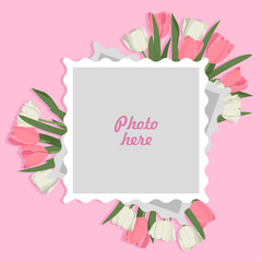Spring photo frame with elegant white and pink tulips Mom's day or Valentine's day