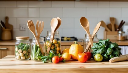 A minimal eco kitchen scene featuring reusable glass jars bamboo utensils and fresh vegetables arran