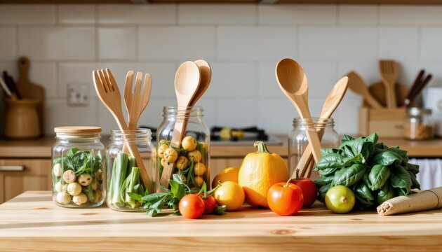 A minimal eco kitchen scene featuring reusable glass jars bamboo utensils and fresh vegetables arran