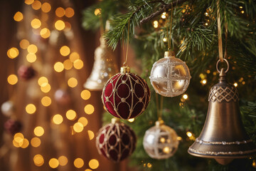 Christmas ball ornament, festive holiday decoration, shiny red bauble, cozy seasonal celebration, Christmas tree accessory, sparkling ornament for winter holidays