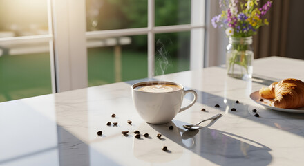 Latte art with flowers and croissant on bright morning marble table