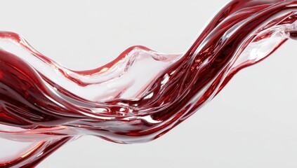 A vibrant, translucent crimson liquid flows dynamically, creating elegant, swirling curves against a neutral backdrop.  Its glossy surface reflects light, showcasing depth and fluidity