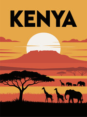 Stylized flat vector travel poster of Kenya’s golden savannah at sunrise with acacia tree, giraffes, elephants, Mount Kenya, retro aesthetic, and bold “KENYA” text
